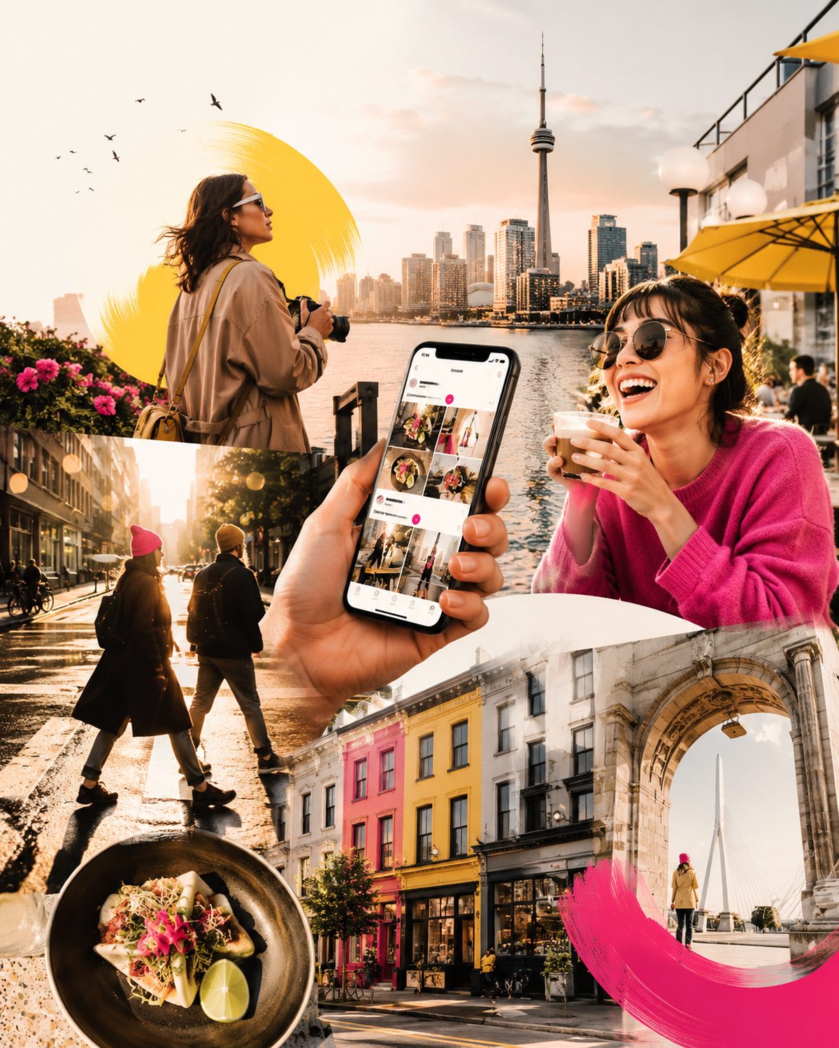 Collage: a photographer at the Toronto waterfront, friends crossing a sunny street, a woman laughing over coffee, a phone showing a city feed, colourful shopfronts and a plated dish.
